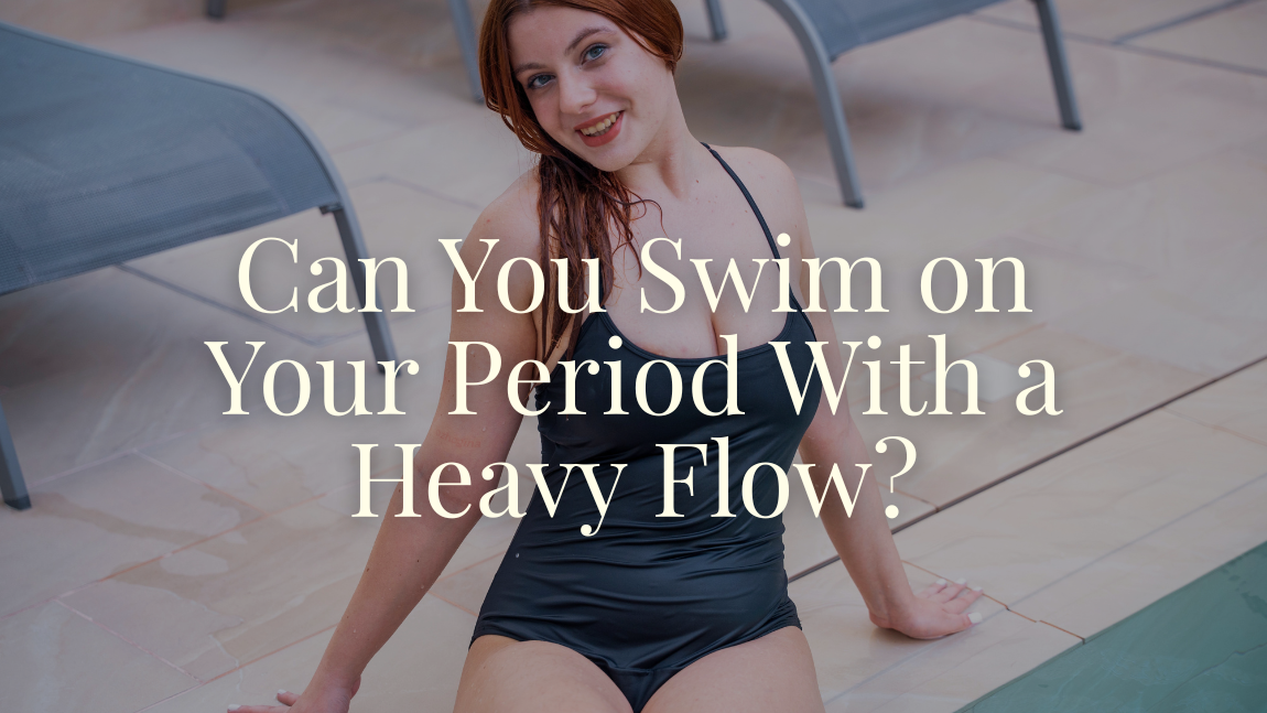 Woman swimming confidently in an outdoor pool on her period with heavy flow - Savvi Wear