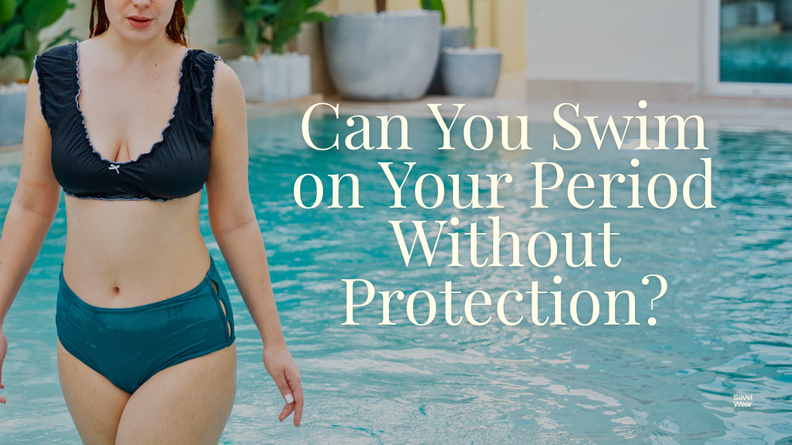 Woman swimming confidently into outdoor pool during her period - Savvi Wear