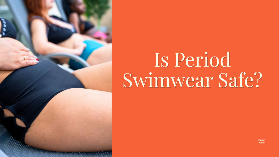 Is period swimwear safe - woman examining period swimwear fabric in natural sunlight by pool - Savvi Wear