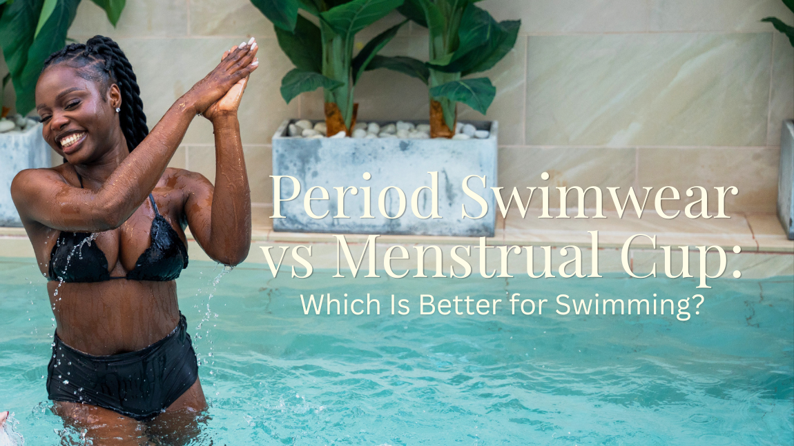 Period swimwear vs menstrual cup for swimming — a woman at a sunny outdoor pool — Savvi Wear