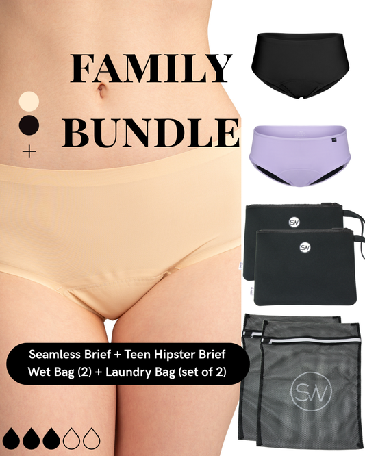 Family bundle offer with women and teens' underwear and bags on a plain background